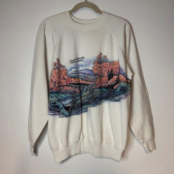 Vintage 1991 Great Smoky Mountains Fall Landscape Graphic Sweatshirt 90s - Picture 1 of 8
